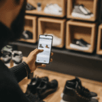 Man shopping for shoes, doing price comparison on his phone